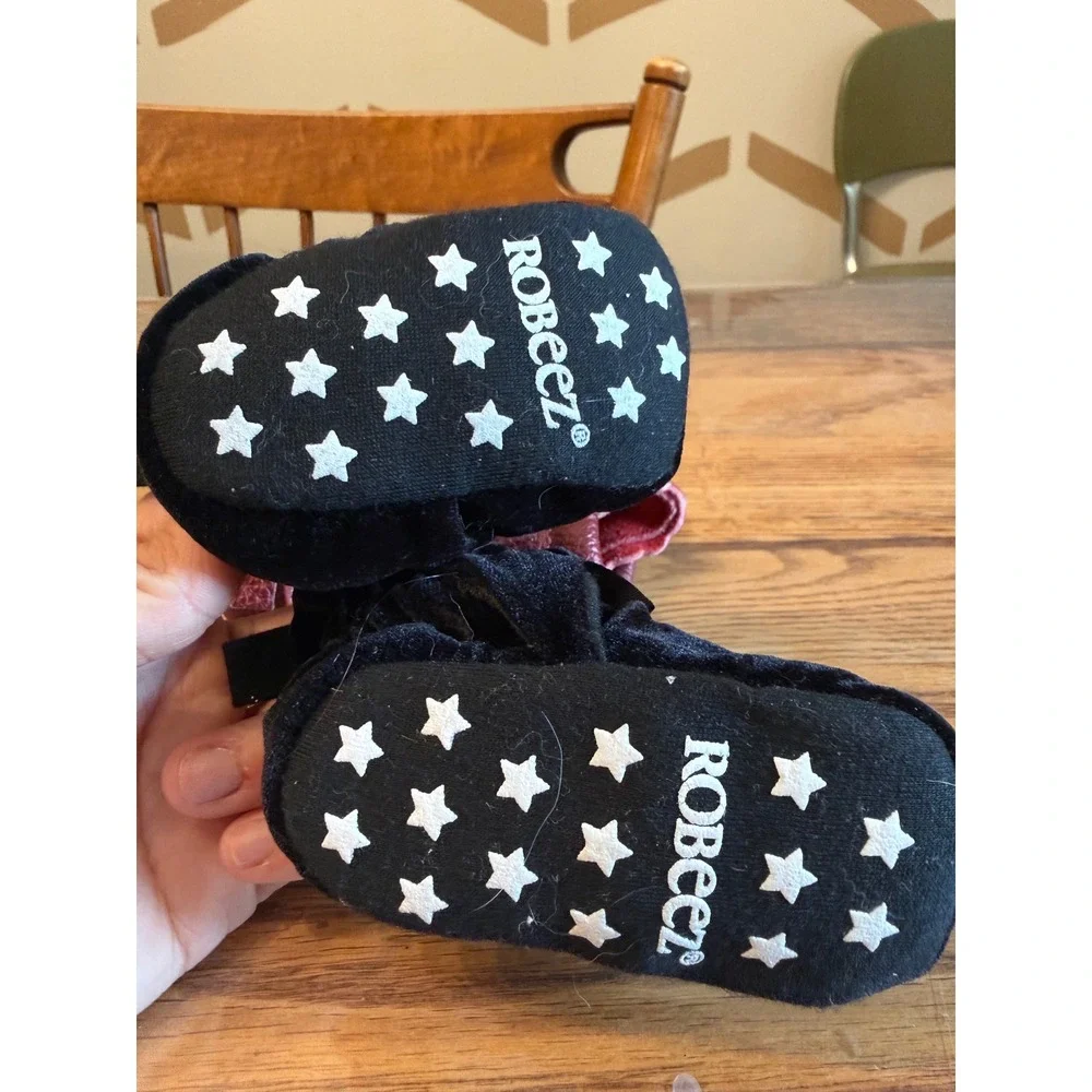 Robeez Mishmocs Baby Shoes Size 0 Burgundy Black Velvet Leather Moccasin Bundle